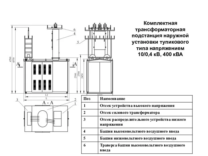 Комплектная трансформаторная подстанция наружной установки тупикового типа напряжением 10/0,4 кВ, 400 кВА