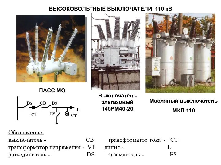 ВЫСОКОВОЛЬТНЫЕ ВЫКЛЮЧАТЕЛИ 110 кВ Выключатель элегазовый 145РМ40-20 Масляный выключатель МКП