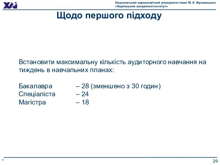 * Щодо першого підходу Встановити максимальну кількість аудиторного навчання на тиждень в навчальних