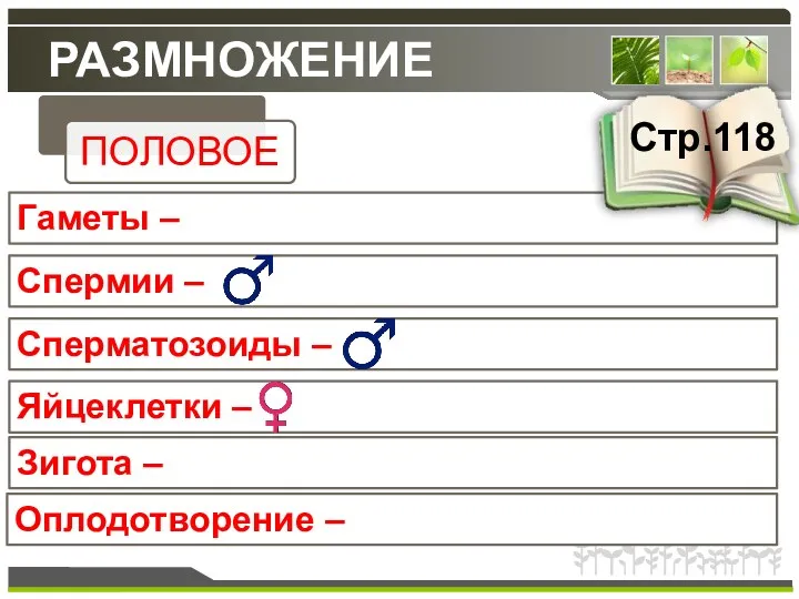 РАЗМНОЖЕНИЕ Гаметы – Стр.118 Спермии – Сперматозоиды – Яйцеклетки – Зигота – Оплодотворение –