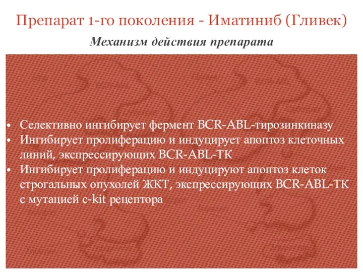 Препарат 1-го поколения - Иматиниб (Гливек) Механизм действия препарата Селективно