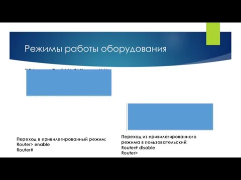 Режимы работы оборудования Переход в привилегированный режим: Router> enable Router#