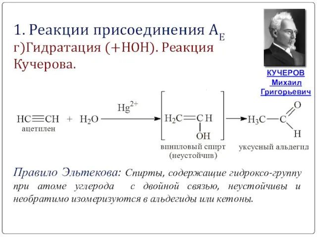 1. Реакции присоединения АЕ г)Гидратация (+НОН). Реакция Кучерова. КУЧЕРОВ Михаил