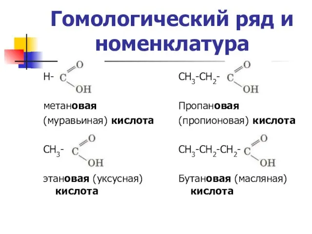 Гомологический ряд и номенклатура Н- метановая (муравьиная) кислота СН3- этановая