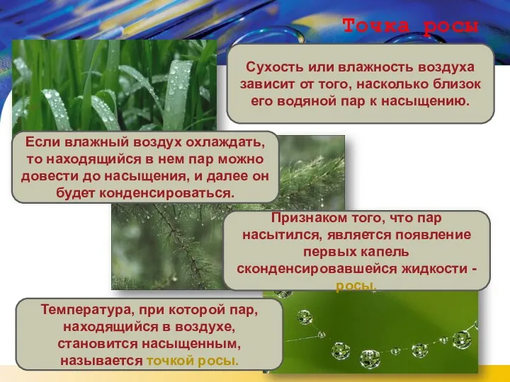 Точка росы Сухость или влажность воздуха зависит от того, насколько близок его водяной