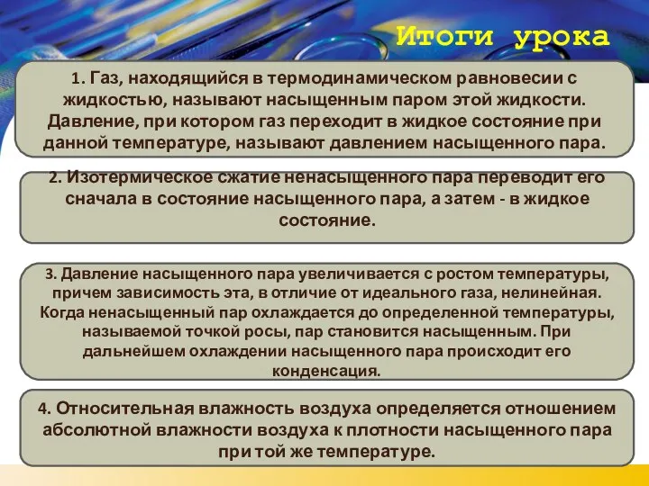 Итоги урока 1. Газ, находящийся в термодинамическом равновесии с жидкостью,