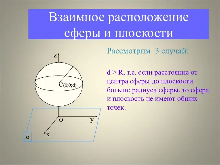 Взаимное расположение сферы и плоскости Рассмотрим 3 случай: d >