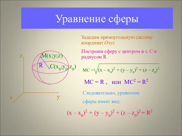 Уравнение сферы Зададим прямоугольную систему координат Оxyz z х у