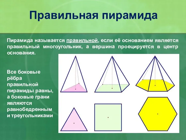 Правильная пирамида Пирамида называется правильной, если её основанием является правильный