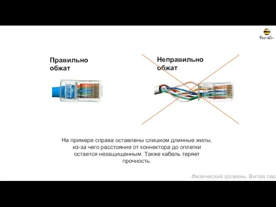 Правильно обжат Неправильно обжат На примере справа оставлены слишком длинные