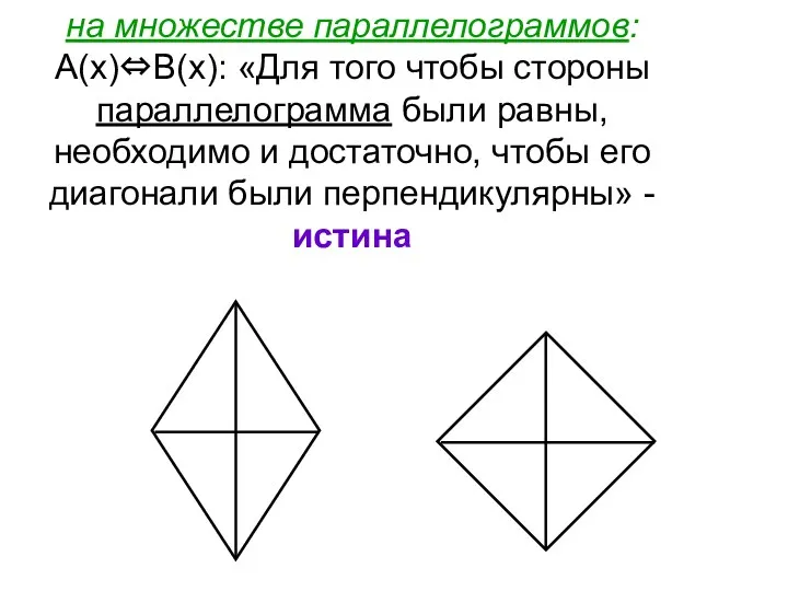 на множестве параллелограммов: А(х)⇔В(х): «Для того чтобы стороны параллелограмма были