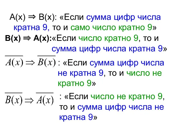 А(х) ⇒ В(х): «Если сумма цифр числа кратна 9, то и само число