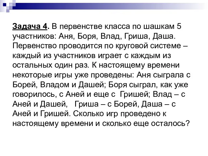 Задача 4. В первенстве класса по шашкам 5 участников: Аня,