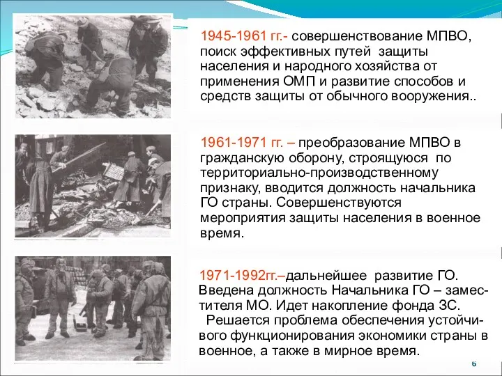 ШЕСТОЙ ЭТАП ПЯТЫЙ ЭТАП ЧЕТВЕРТЫЙ ЭТАП 1945-1961 гг.- совершенствование МПВО,