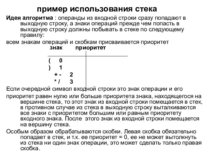 пример использования стека Идея алгоритма : операнды из входной строки