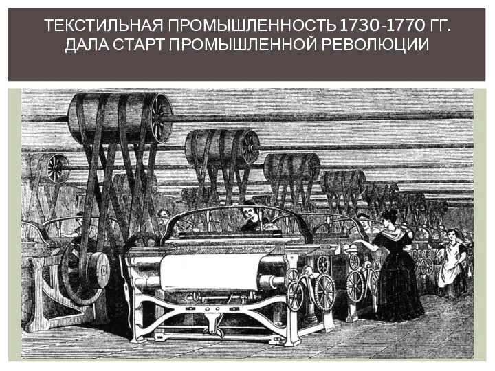 ТЕКСТИЛЬНАЯ ПРОМЫШЛЕННОСТЬ 1730-1770 ГГ. ДАЛА СТАРТ ПРОМЫШЛЕННОЙ РЕВОЛЮЦИИ