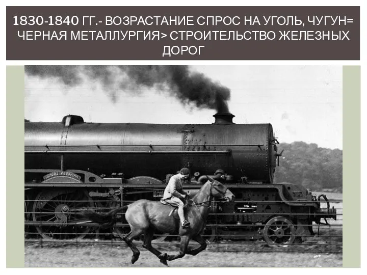 1830-1840 ГГ.- ВОЗРАСТАНИЕ СПРОС НА УГОЛЬ, ЧУГУН= ЧЕРНАЯ МЕТАЛЛУРГИЯ> СТРОИТЕЛЬСТВО ЖЕЛЕЗНЫХ ДОРОГ