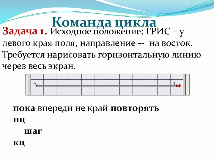 Команда цикла Задача 1. Исходное положение: ГРИС – у левого