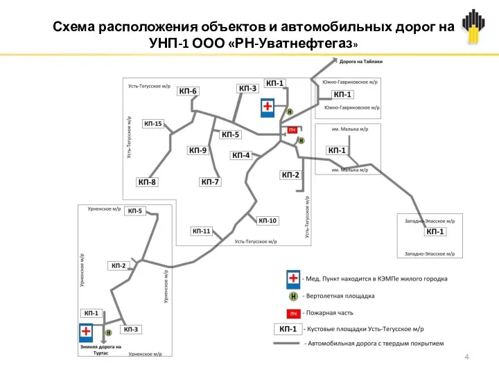 Схема расположения объектов и автомобильных дорог на УНП-1 ООО «РН-Уватнефтегаз»