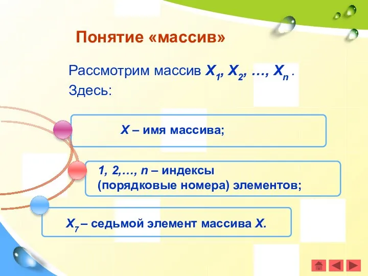 Рассмотрим массив Х1, Х2, …, Хn . Здесь: Понятие «массив»