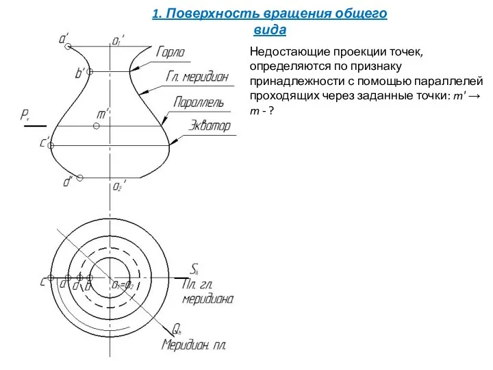 Недостающие проекции точек, определяются по признаку принадлежности с помощью параллелей