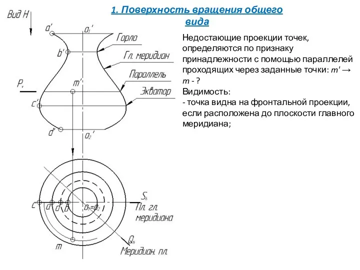 Недостающие проекции точек, определяются по признаку принадлежности с помощью параллелей