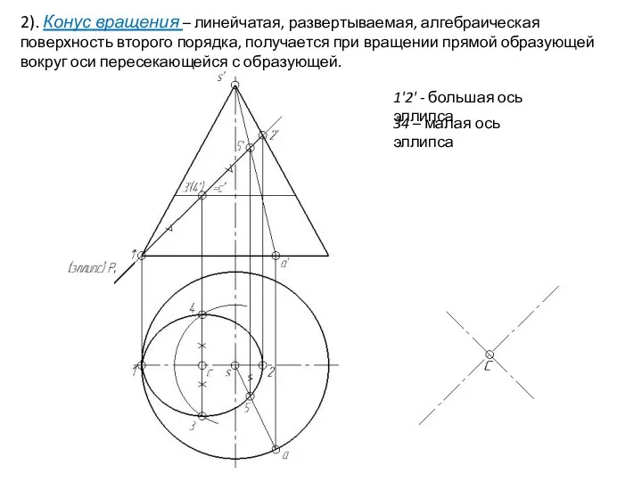 2). Конус вращения – линейчатая, развертываемая, алгебраическая поверхность второго порядка,