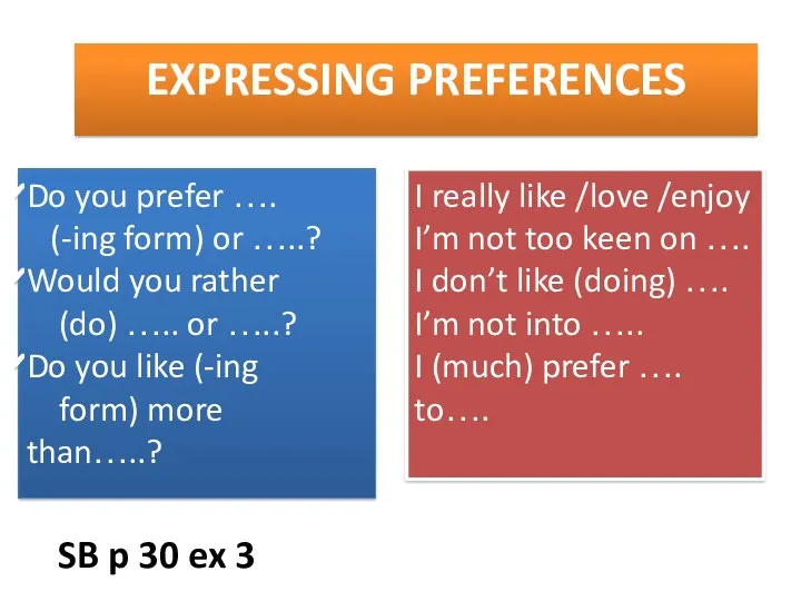 EXPRESSING PREFERENCES Do you prefer …. (-ing form) or …..?