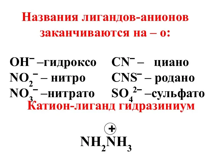 Названия лигандов-анионов заканчиваются на – о: OH‾ –гидроксо NO2‾ –