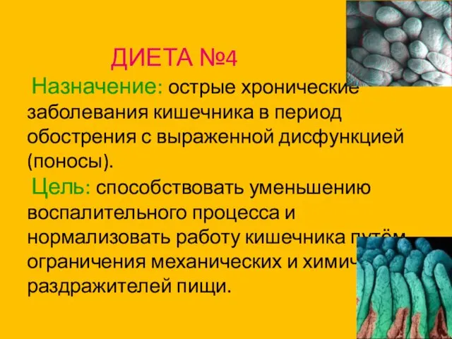 ДИЕТА №4 Назначение: острые хронические заболевания кишечника в период обострения