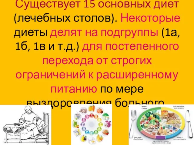 Существует 15 основных диет (лечебных столов). Некоторые диеты делят на