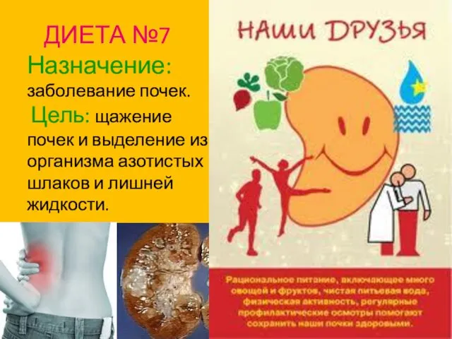 ДИЕТА №7 Назначение: заболевание почек. Цель: щажение почек и выделение