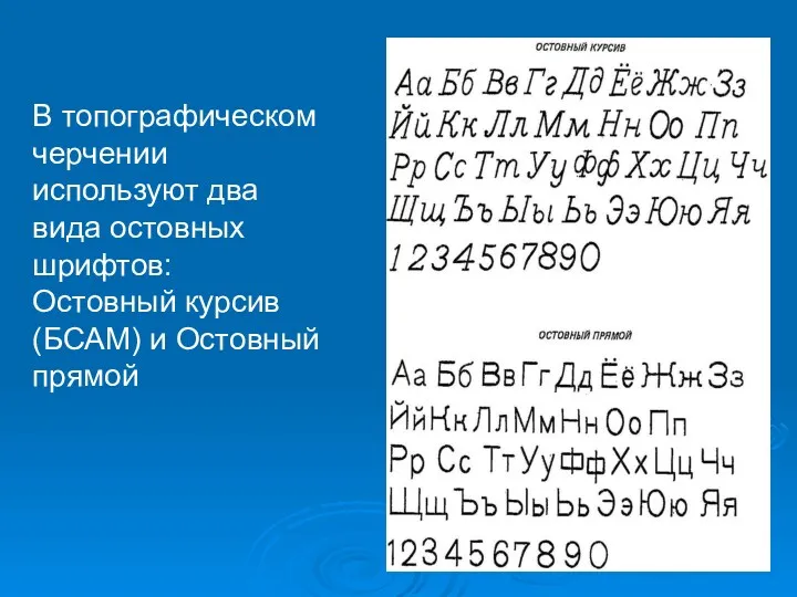 В топографическом черчении используют два вида остовных шрифтов: Остовный курсив (БСАМ) и Остовный прямой