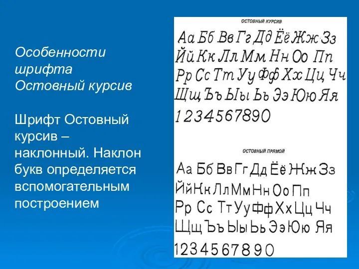 Особенности шрифта Остовный курсив Шрифт Остовный курсив – наклонный. Наклон букв определяется вспомогательным построением