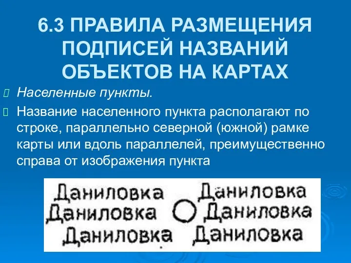 6.3 ПРАВИЛА РАЗМЕЩЕНИЯ ПОДПИСЕЙ НАЗВАНИЙ ОБЪЕКТОВ НА КАРТАХ Населенные пункты.