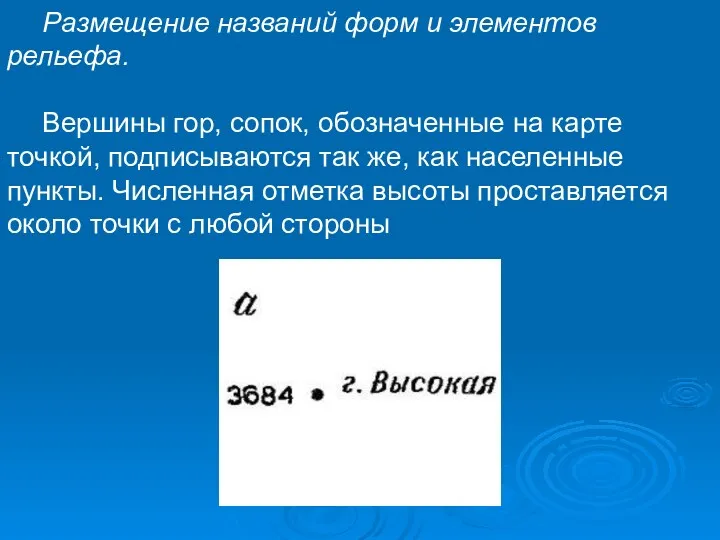 Размещение названий форм и элементов рельефа. Вершины гор, сопок, обозначенные