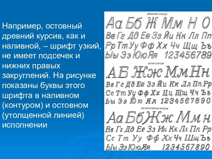 Например, остовный древний курсив, как и наливной, – шрифт узкий,