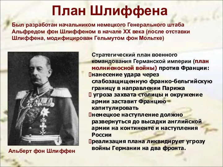 План Шлиффена Стратегический план военного командования Германской империи (план молниеносной