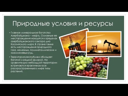 Природные условия и ресурсы Главное минеральное богатство Азербайджана – нефть.