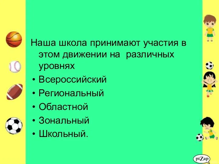 Наша школа принимают участия в этом движении на различных уровнях Всероссийский Региональный Областной Зональный Школьный.