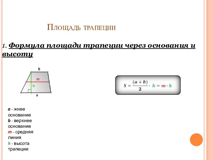 Площадь трапеции 1. Формула площади трапеции через основания и высоту