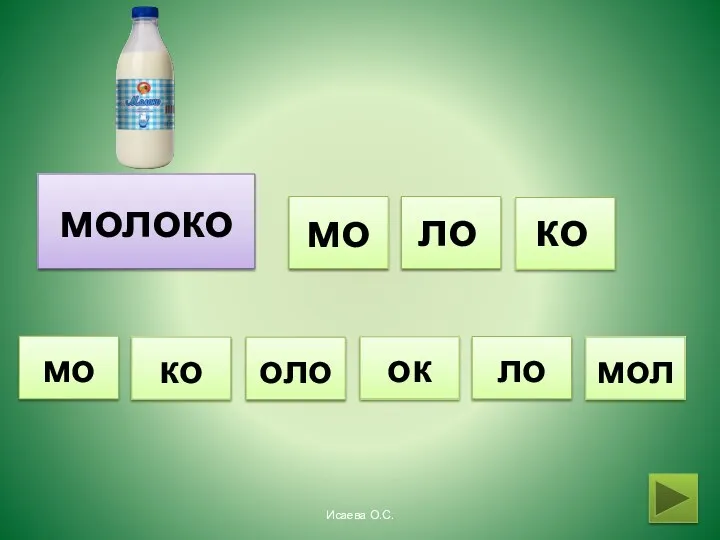 молоко мо ло ко ок мол ко ло оло мо Исаева О.С.