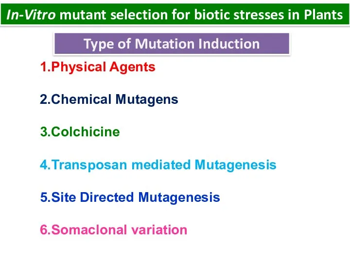 Physical Agents Chemical Mutagens Colchicine Transposan mediated Mutagenesis Site Directed