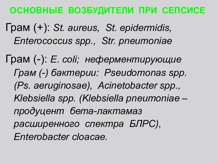 ОСНОВНЫЕ ВОЗБУДИТЕЛИ ПРИ СЕПСИСЕ Грам (+): St. aureus, St. epidermidis,