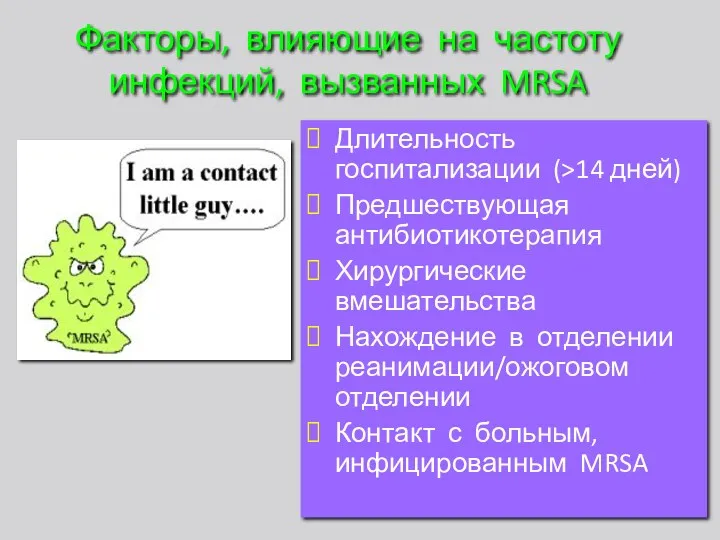 Факторы, влияющие на частоту инфекций, вызванных MRSA Длительность госпитализации (>14