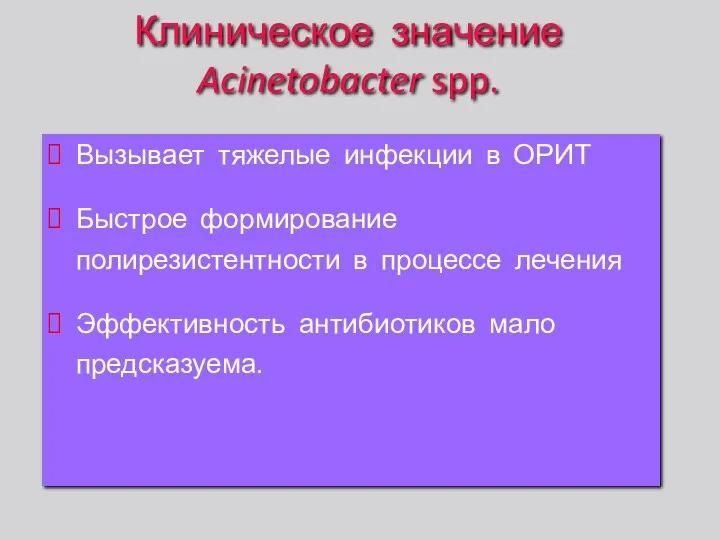 Клиническое значение Acinetobacter spp. Вызывает тяжелые инфекции в ОРИТ Быстрое