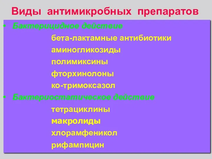 Виды антимикробных препаратов Бактерицидное действие бета-лактамные антибиотики аминогликозиды полимиксины фторхинолоны