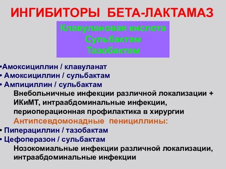 ИНГИБИТОРЫ БЕТА-ЛАКТАМАЗ Амоксициллин / клавуланат Амоксициллин / сульбактам Ампициллин /