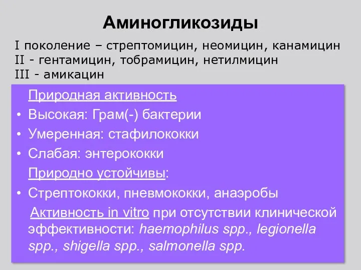 Аминогликозиды Природная активность Высокая: Грам(-) бактерии Умеренная: стафилококки Слабая: энтерококки