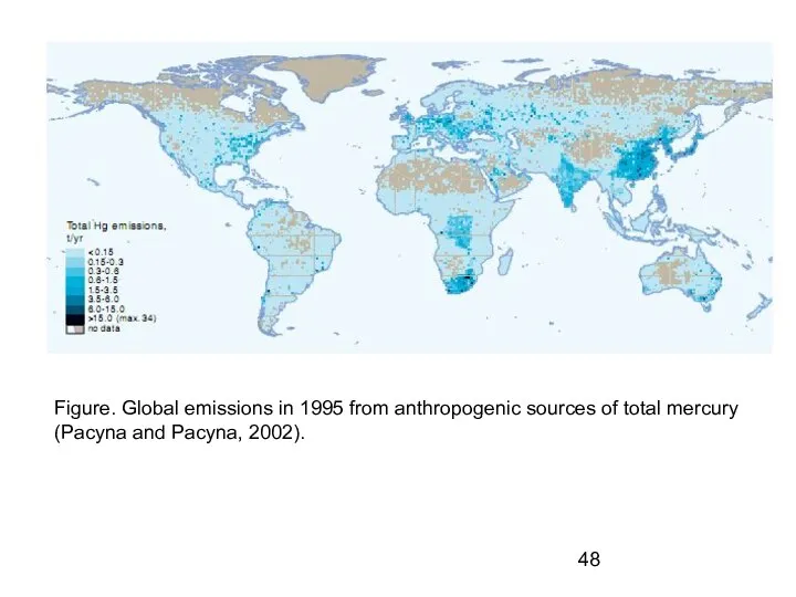 Figure. Global emissions in 1995 from anthropogenic sources of total mercury (Pacyna and Pacyna, 2002).